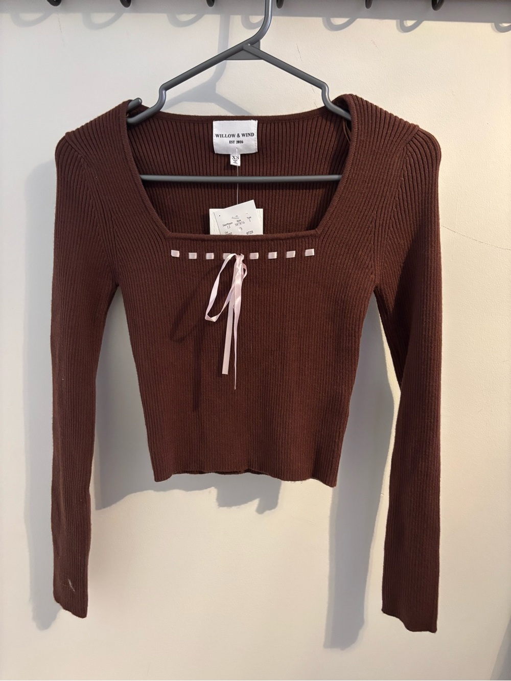 Willow & Wind Chocolate Brown Ribbed Long-Sleeve Square-Neck Top